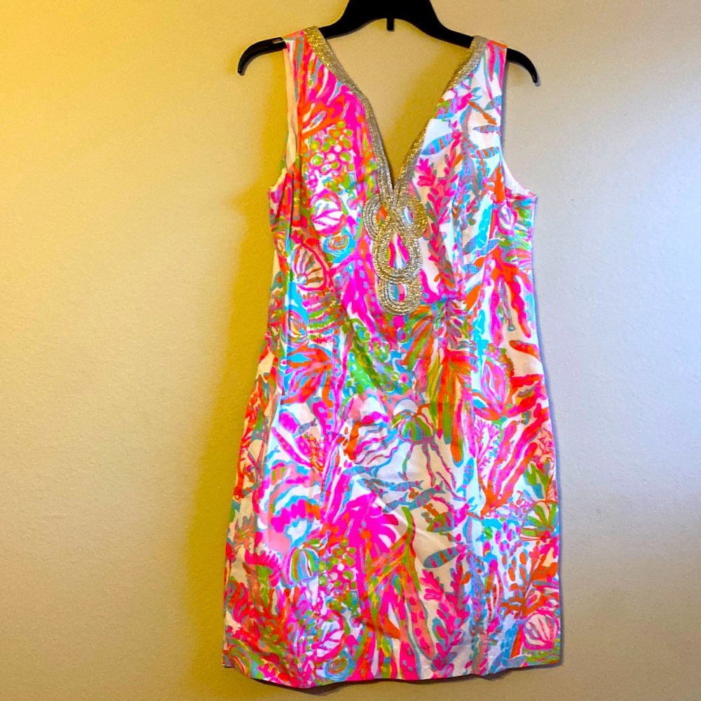 Lilly Pulitzer Janice Scuba To Cuba Print Gold Soutache Shift Dress size 12